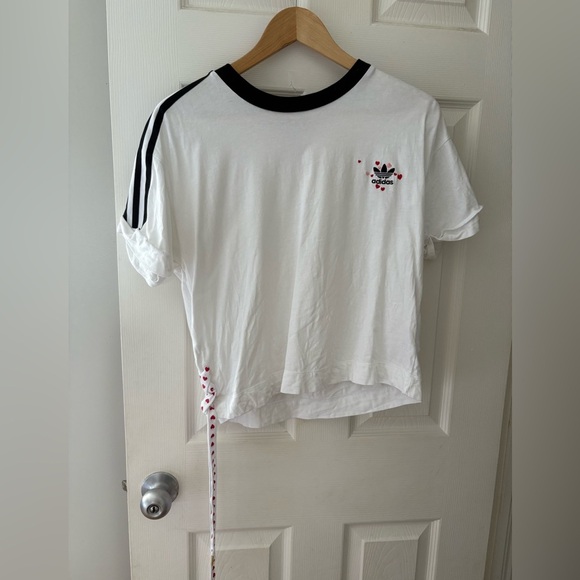 Adidas hearts embroidered t-shirt cuff sleeve cinch side size XL - Picture 2 of 10